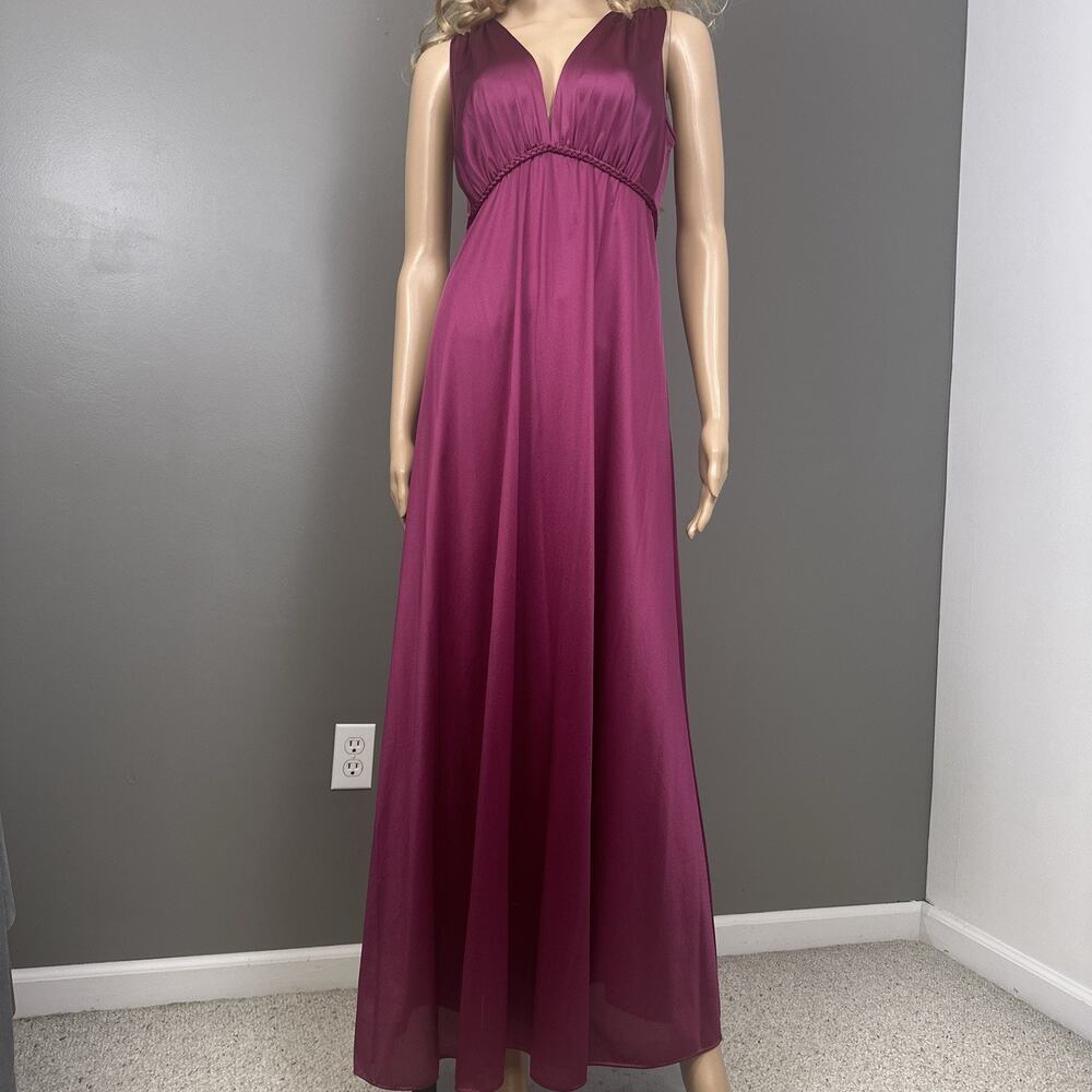 Vintage 70s 80s Vanity Fair Nightgown 34 Plum Burgundy Nylon Maxi Empire Waist